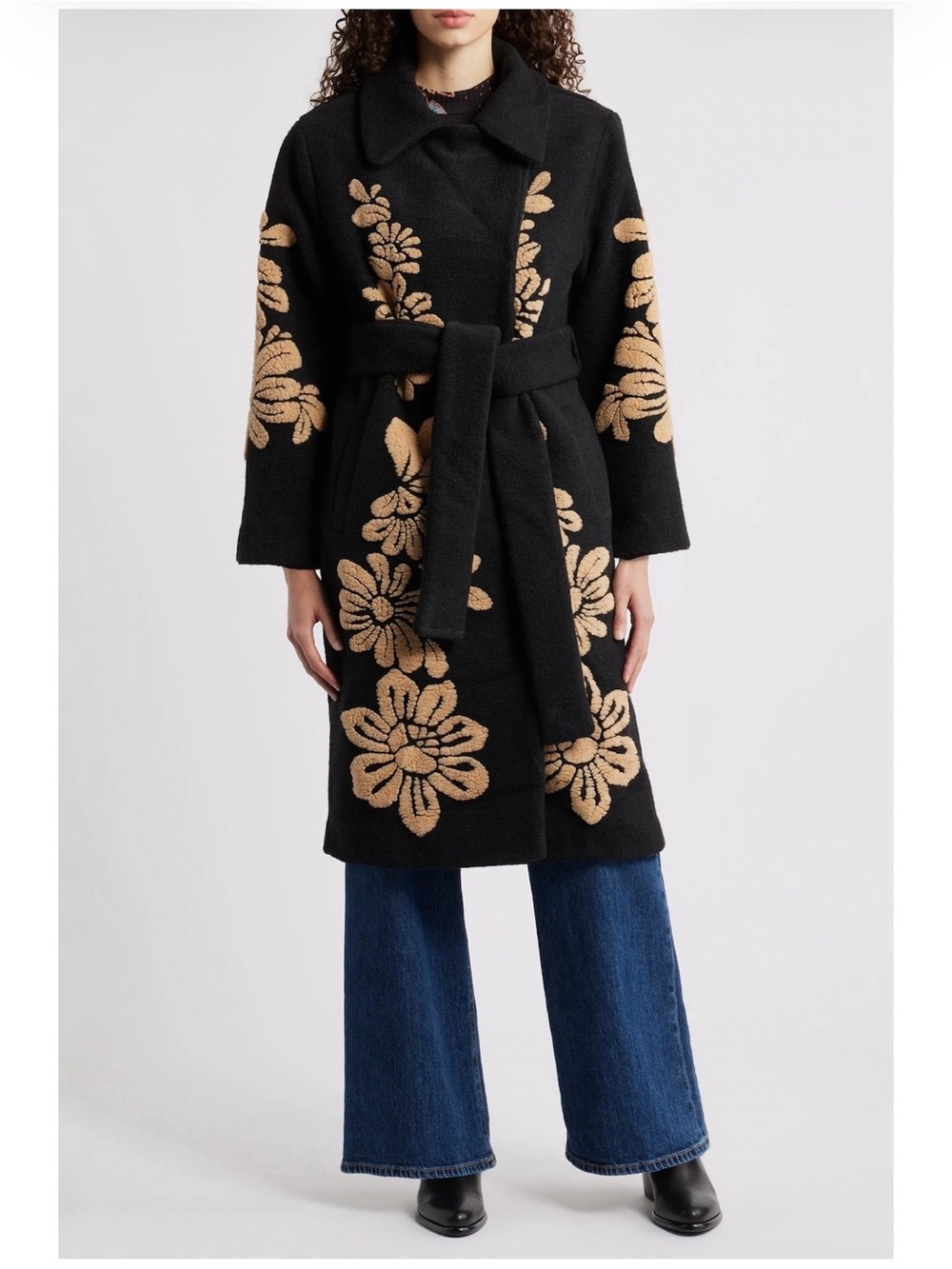 Anthropologie Farm Rio Bold Flowers Fleece Jacket Black Tan Size Large NWT